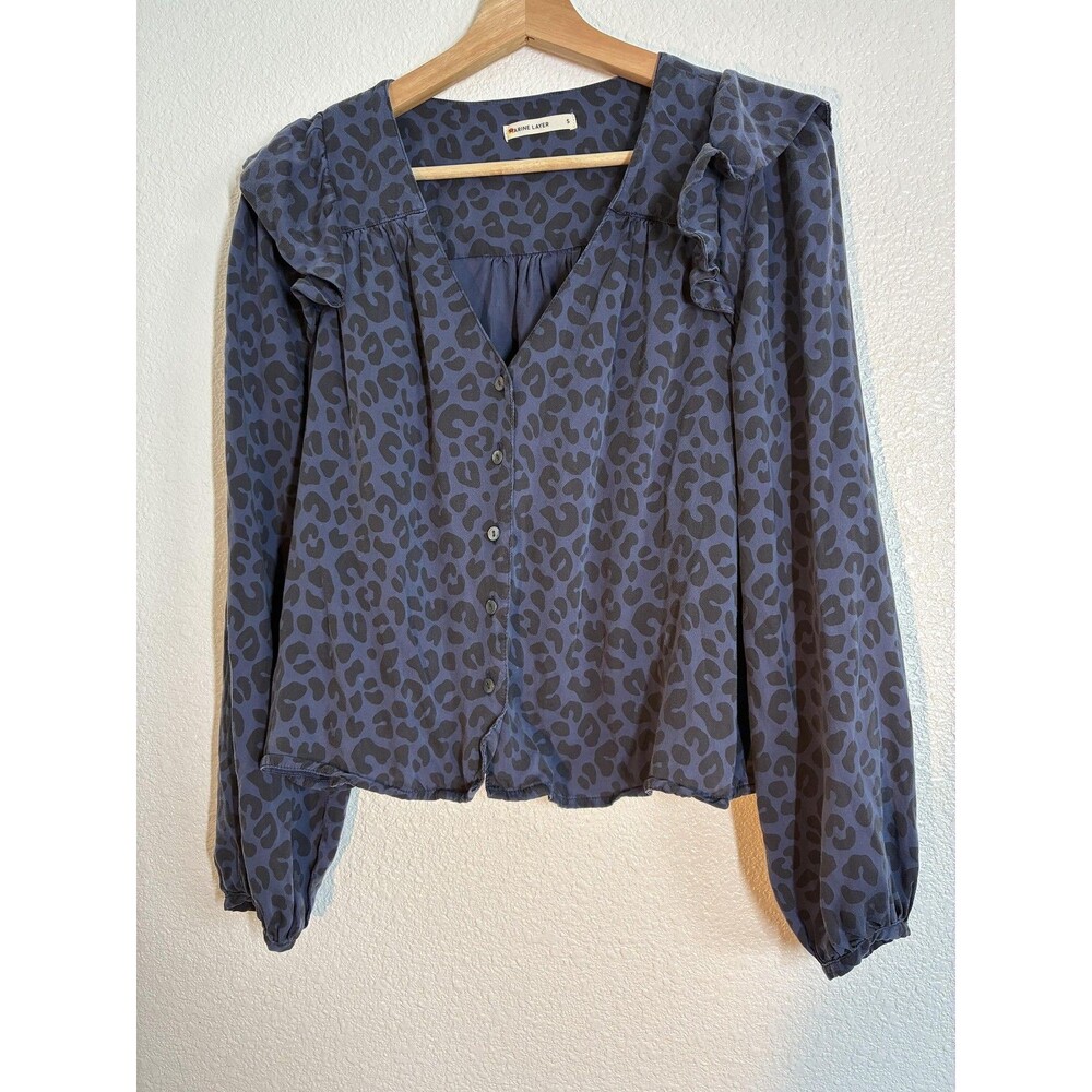 Marine Layer Blouse Womens Small Blue Leopard Print Ruffle V Neck Button Top